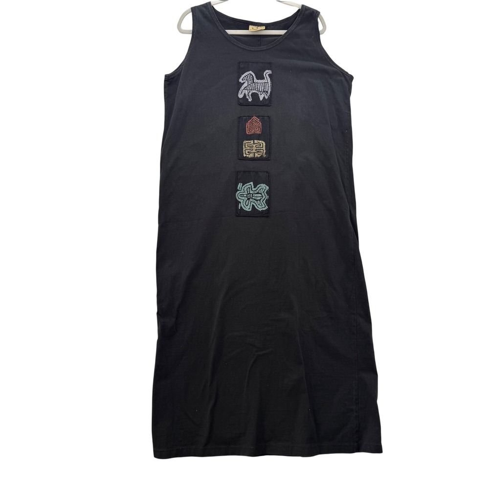 Vintage Blue Cactus Maxi Dress Sleeveless Embroidered Patchwork Casual Black XL